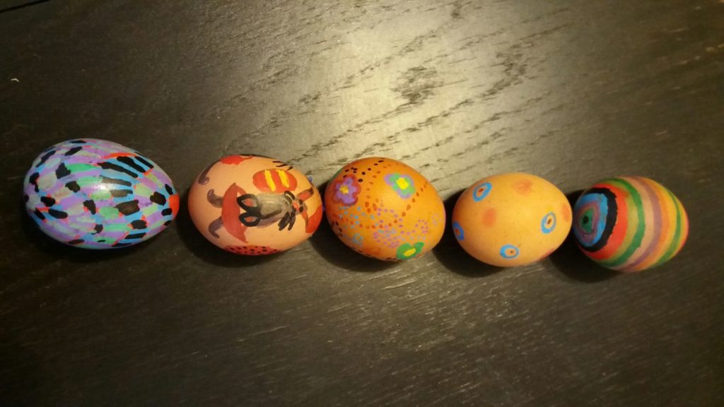 Five painted Easter Eggs