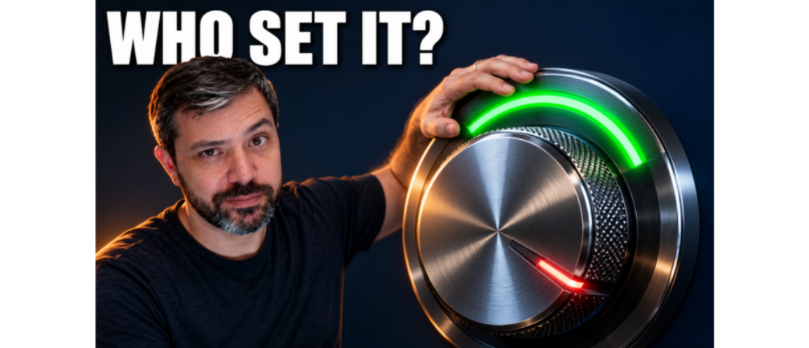 Rob Alvarez with a glowing control knob and the text "Who set it?" for Professor Game episode 465 on adoption target difficulty